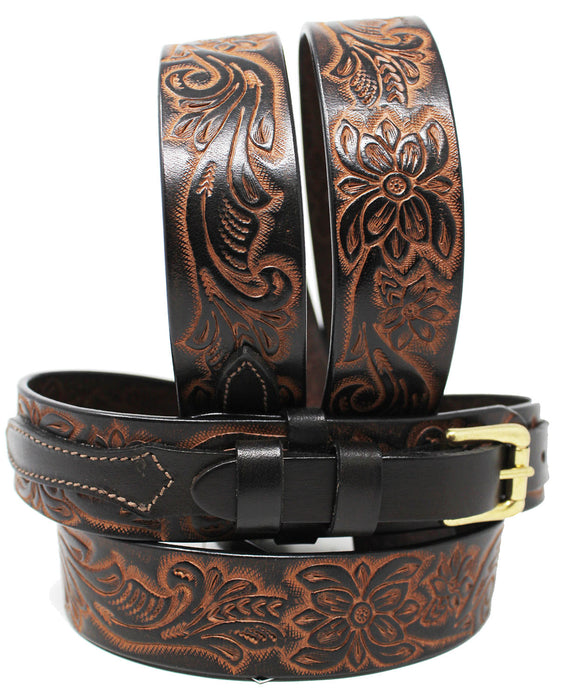 Men's Wide Leather Wide Floral Tooled Leather Casual Jean Ranger Belt 26RAA96