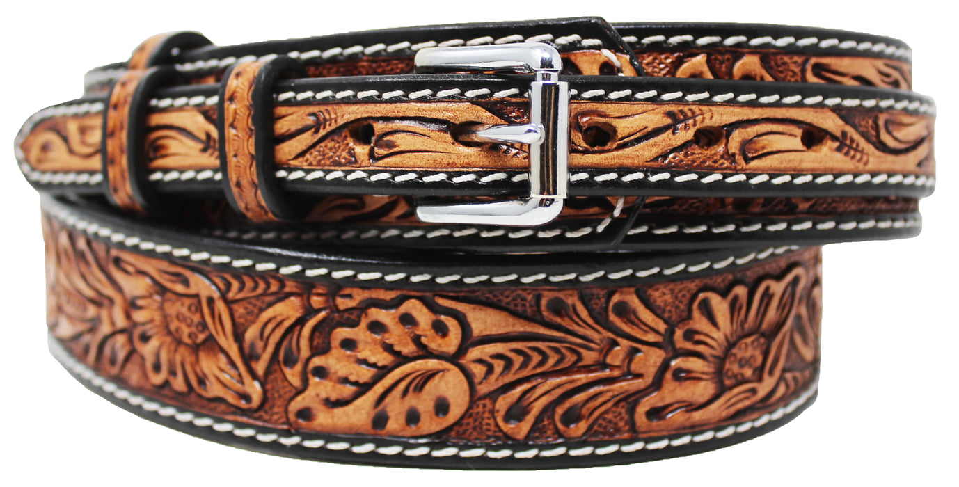 1-1/2" Western Floral Tooled Black Inlay Ranger Full-Grain Leather Belt 26RS02R