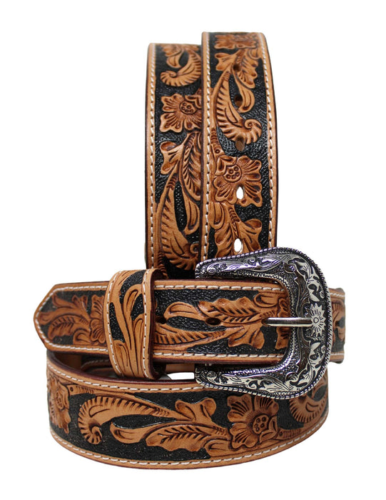 1-1/2" Western Floral Tooled Black Inlay Full-Grain Leather Belt 26RS03