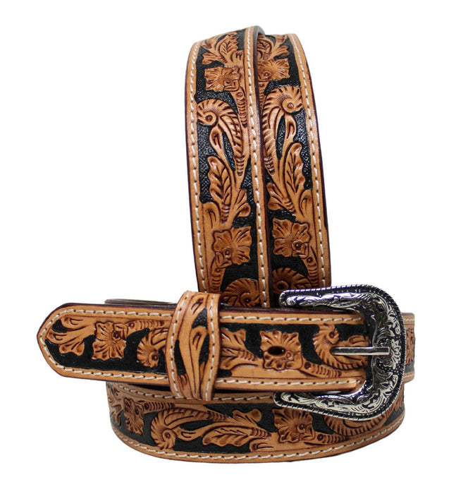 Kids Western 1-1/4" Floral Inlay Full-Grain Leather Belt  RSFloralTooledC