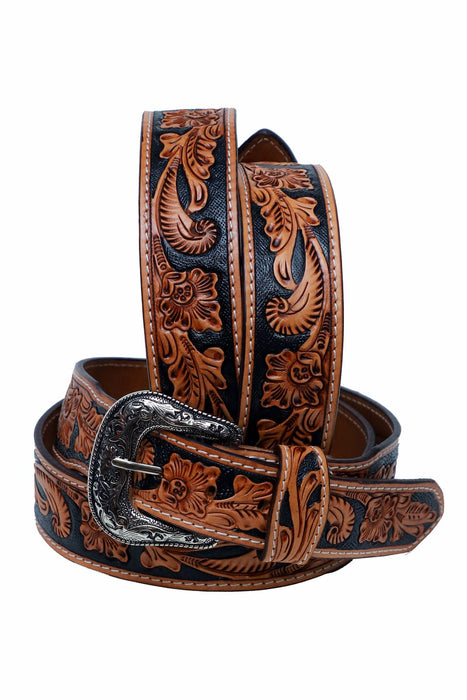 38  Western 1-3/4" Tapered Wide Floral Tooled Black Inlay Full-Grain Leather Belt 26RS03T