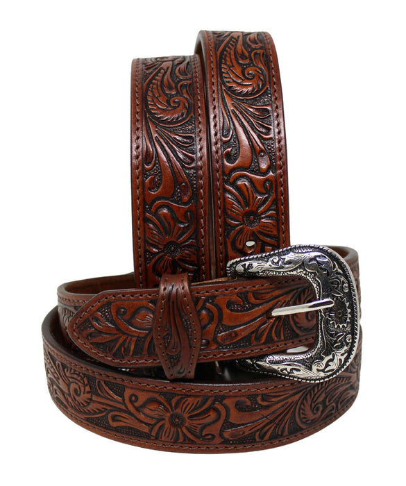 Western 1-1/2" Wide Floral Tooled Black Inlay Full-Grain Leather Belt RSFloral