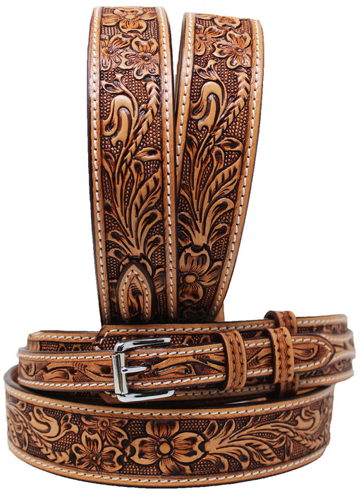 Western Floral Tooled Ranger Full-Grain Brown Leather Belt 26RS05R