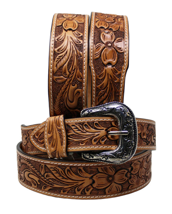 38  Western 1-3/4" Tapered Wide Floral Tooled Black Inlay Full-Grain Leather Belt 26RS03T