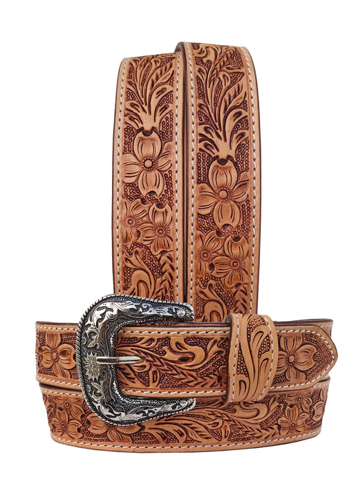 Western 1-1/2" Wide Floral Tooled Black Inlay Full-Grain Leather Belt RSFloral