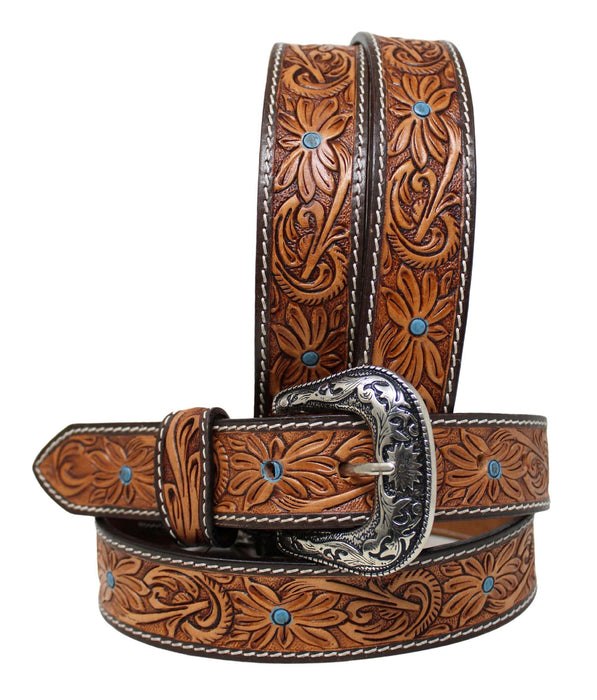 Kids Western 1-1/4" Floral Inlay Full-Grain Leather Belt