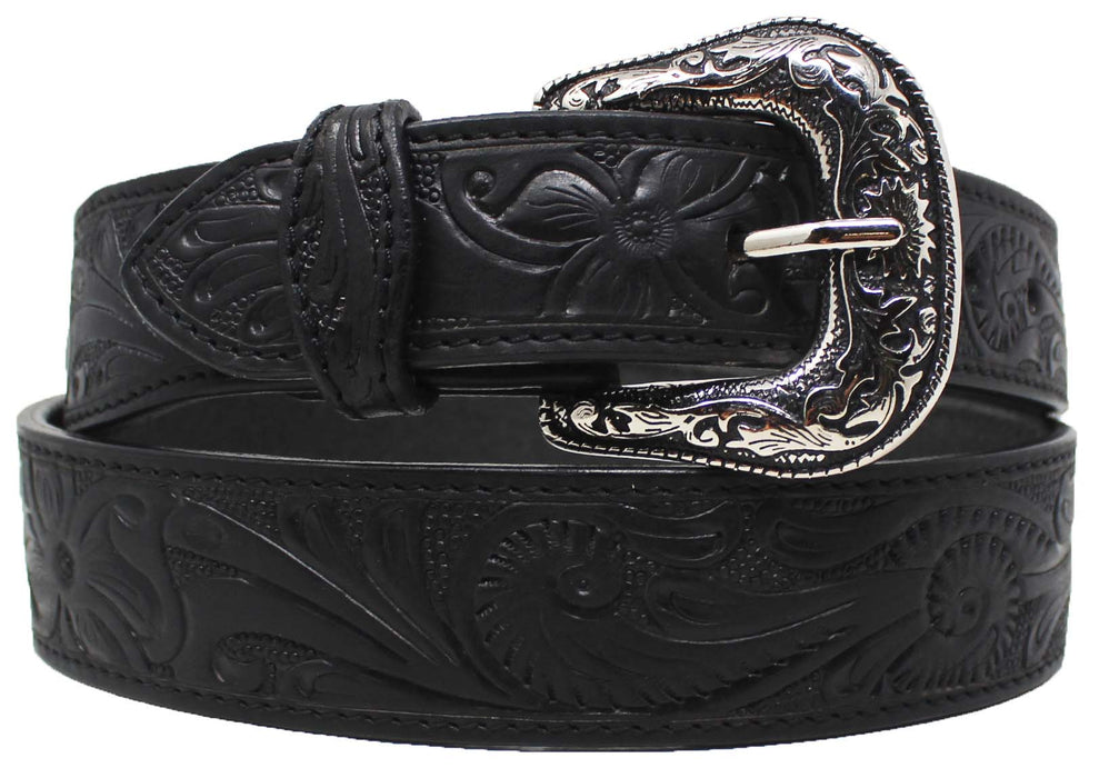 Western 1-1/2" Wide Floral Tooled Full-Grain Black Leather Belt 26RS08
