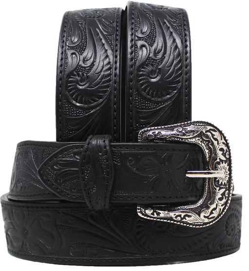 Western 1-1/2" Wide Floral Tooled Full-Grain Black Leather Belt 26RS08