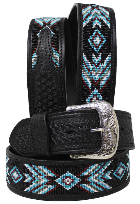 Men Women Western 2" Wide Floral Tooled Beaded Inlay Full-Grain Dark Tan Leather Belt