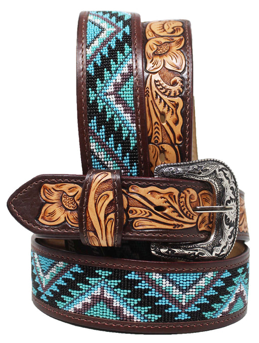 Western 1-3/4" Tapered Floral Beaded Genuine Leather Belt 26RS101T