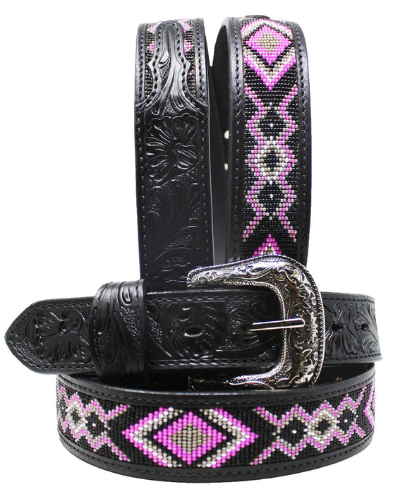 Men Women Western Antique Floral Tooled Beaded Full-Grain Black Leather Belt
