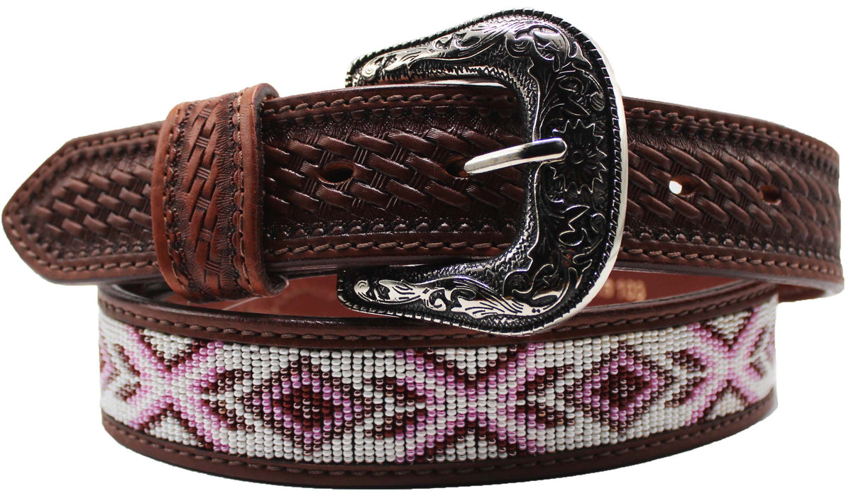 30"  Western 1-1/2" Basket Weave Tooled Beaded Full-Grain Leather Belt 26RS103