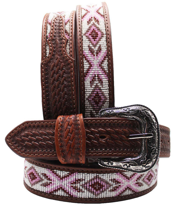 30"  Western 1-1/2" Basket Weave Tooled Beaded Full-Grain Leather Belt 26RS103