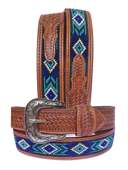 30"  Western 1-1/2" Basket Weave Tooled Beaded Full-Grain Leather Belt 26RS103