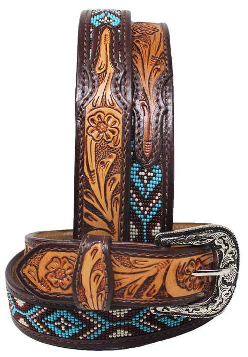 26"  Kid's 1-1/4" Western Floral Tooled Beaded Full-Grain Leather Belt 26RS105C