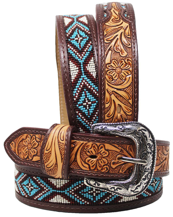 Men Women Western 1-1/2" Wide Antique Floral Tooled Beaded Full-Grain Leather Belt