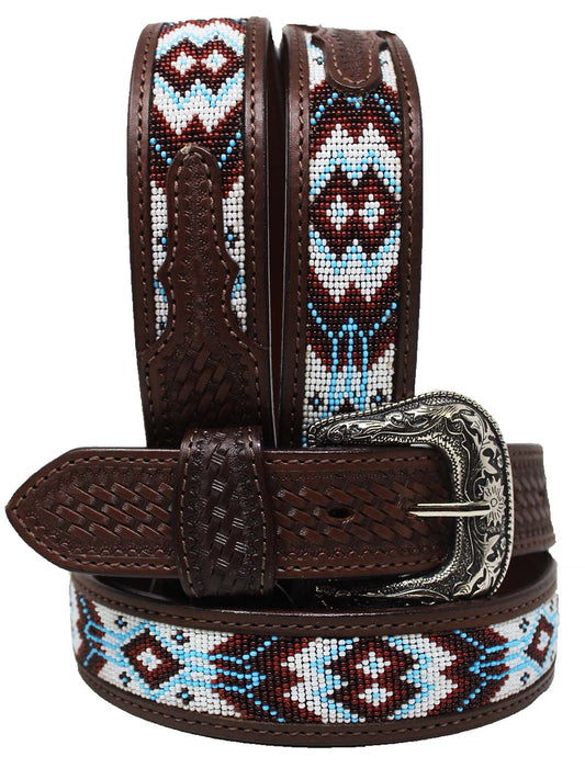 30"  Western 1-1/2" Basket Weave Tooled Beaded Full-Grain Leather Belt 26RS103
