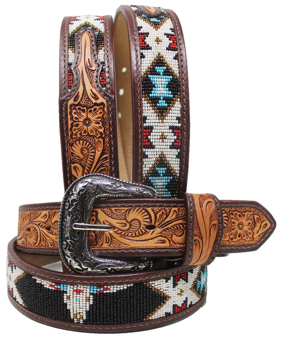 Men Women Western 1-1/2" Wide Antique Floral Tooled Beaded Full-Grain Leather Belt