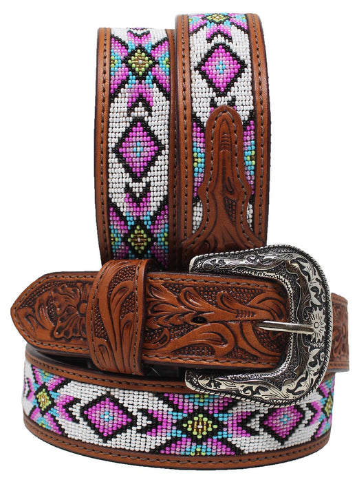 30"  Western 1-1/2" Basket Weave Tooled Beaded Full-Grain Leather Belt 26RS103