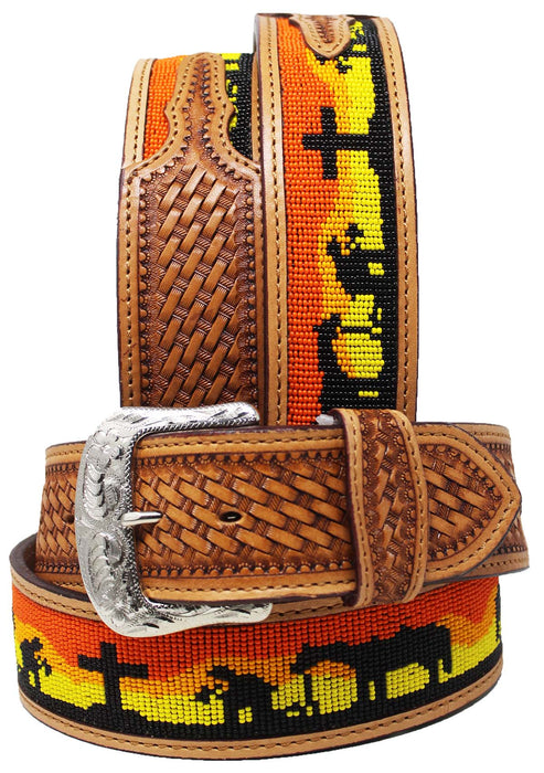 Western 2" Wide Basket Tooled Praying Cowboy Beaded Leather Belt RS2BeadTan