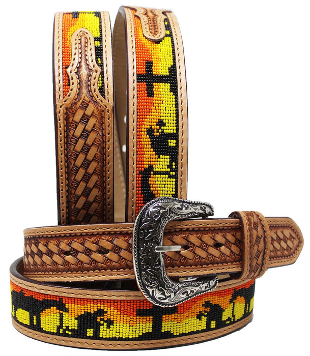 32  Western 1-1/2" Wide Praying Cowboy Beaded Tooled Tan Leather Belt  26RS109