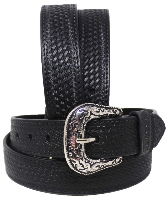 Western 1-1/2" Wide Basket Weave Tooled Full-Grain Black Leather Belt 26RS10