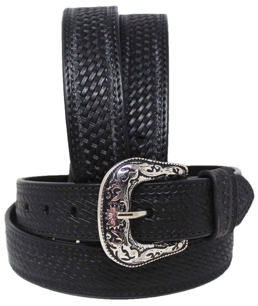 Western 1-1/2" Wide Basket Weave Tooled Full-Grain Black Leather Belt 26RS10