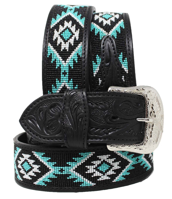 Men Women Western 2" Wide Floral Tooled Beaded Inlay Full-Grain Dark Tan Leather Belt