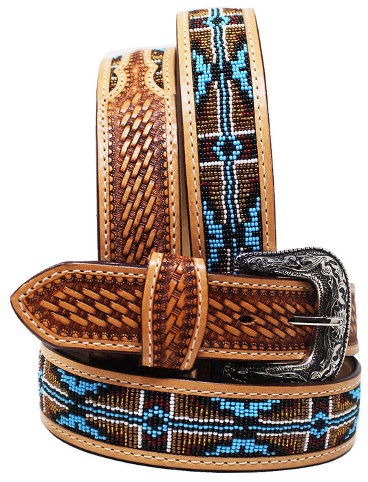 30  Western 1-1/2" Wide Basket Weave Tooled Beaded Tan Leather Belt  26RS111