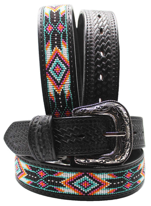 Men Women Western Antique Floral Tooled Beaded Full-Grain Black Leather Belt