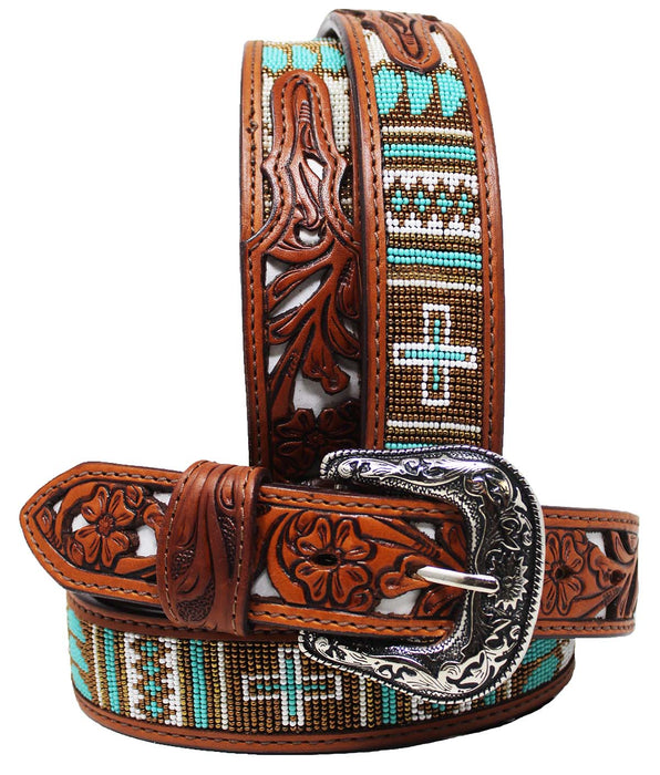 30"  Western 1-1/2" Basket Weave Tooled Beaded Full-Grain Leather Belt 26RS103