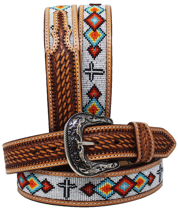 32  Western 1-1/2" Wide Praying Cowboy Beaded Tooled Tan Leather Belt  26RS109