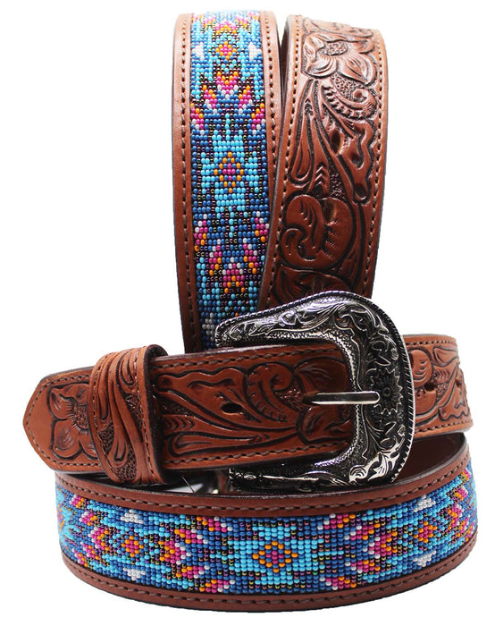30"  Western 1-1/2" Basket Weave Tooled Beaded Full-Grain Leather Belt 26RS103