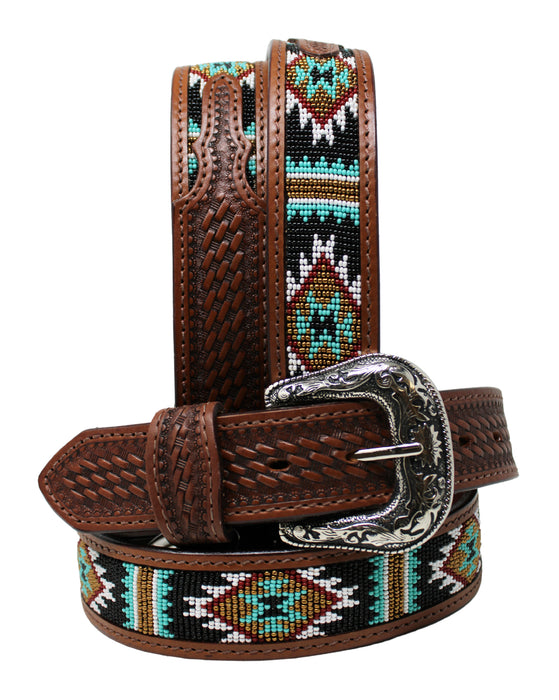 Western 1-1/2" Basket Weave Tooled Aztec Beaded Full-Grain Leather Belt 26RS116