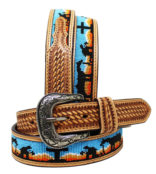 32  Western 1-1/2" Wide Praying Cowboy Beaded Tooled Tan Leather Belt  26RS109