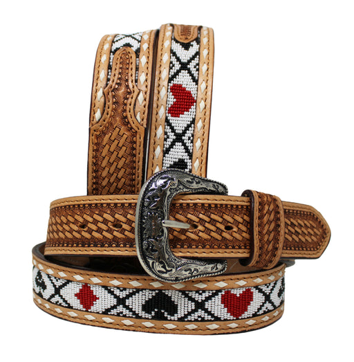 Western 1-1/2" Wide Basket Weave Tooled Beaded Tan Leather Belt 26RS118