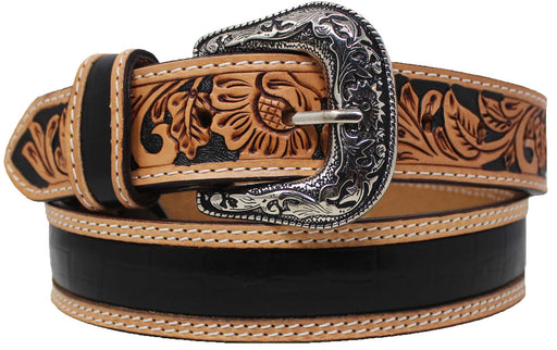 Western 1-1/2" Floral Tooled Gator Inlay Full-Grain Tan Leather Belt 26RS11-18