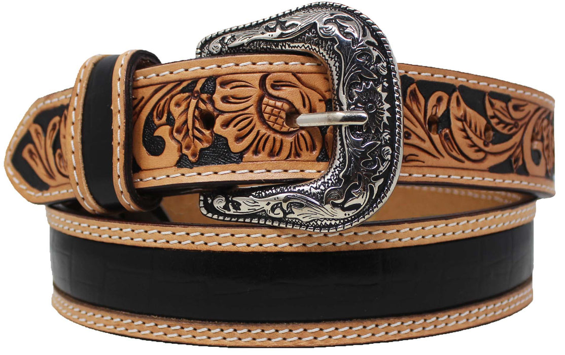 Western 1-1/2" Floral Tooled Gator Inlay Full-Grain Tan Leather Belt 26RS11-18