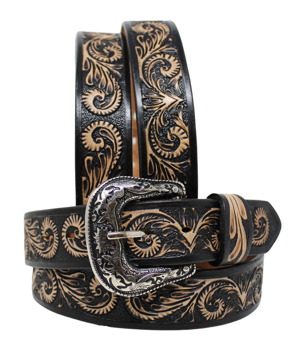 Western 1-1/2" Wide Floral Tooled Black Inlay Full-Grain Leather Belt RSFloral