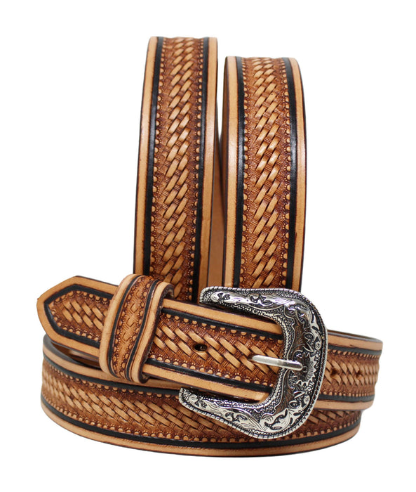 28  Western 1-1/2" Wide Basket Weave Tooled Full-Grain Brown Leather Belt 26RS09