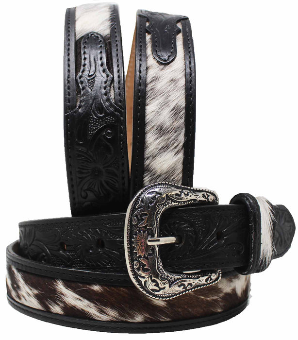 Men Women Western 1-1/2" Wide Floral Tooled Full-Grain Hairon Leather Belt 26RS12