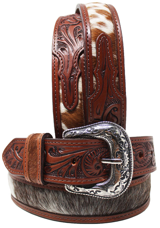 Men Women Western 1-1/2" Wide Floral Tooled Full-Grain Hairon Leather Belt 26RS12
