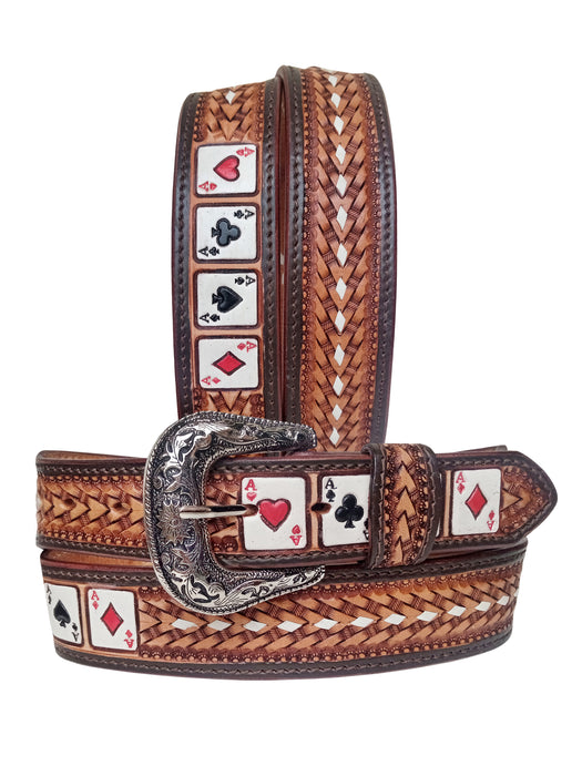 Challenger 1-1/2" Western Leather Belt Buckstitch Dice & Four Aces Card Inlay RSPoker