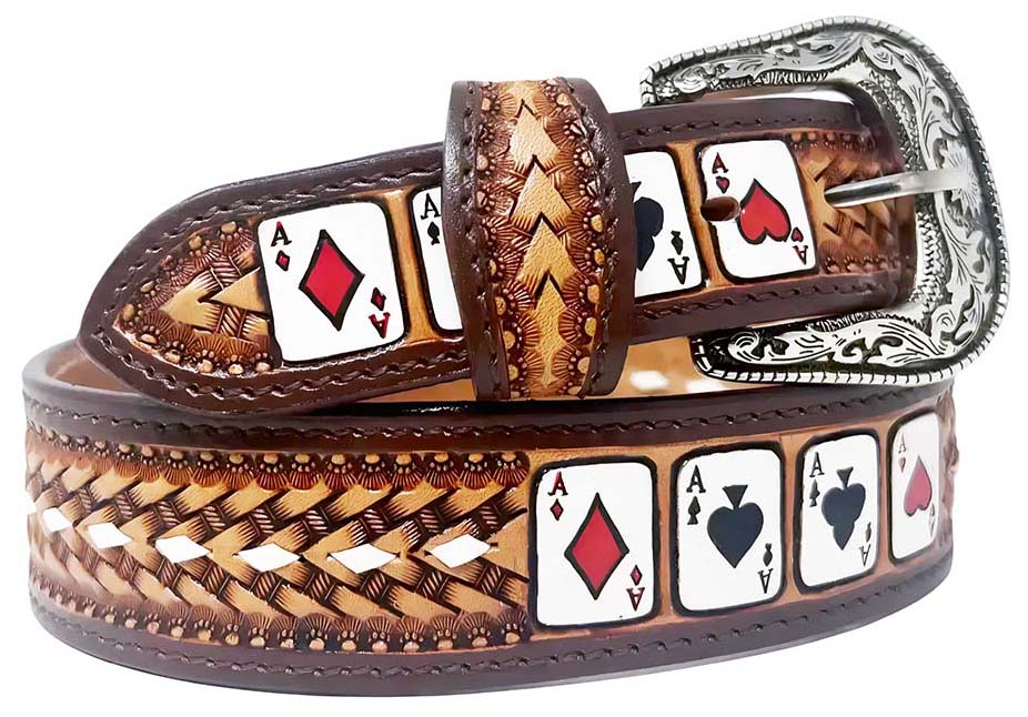 Challenger 1-1/2" Western Leather Belt Buckstitch Dice & Four Aces Card Inlay RSPoker