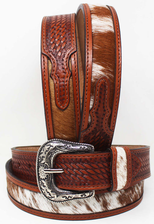 Western 1-1/2" Wide Basket Weave Hairon Tooled Full-Grain Leather Belt 26RS13BR