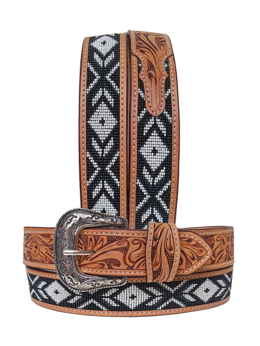 30  Western 1-1/2" Wide Basket Weave Tooled Beaded Tan Leather Belt  26RS111