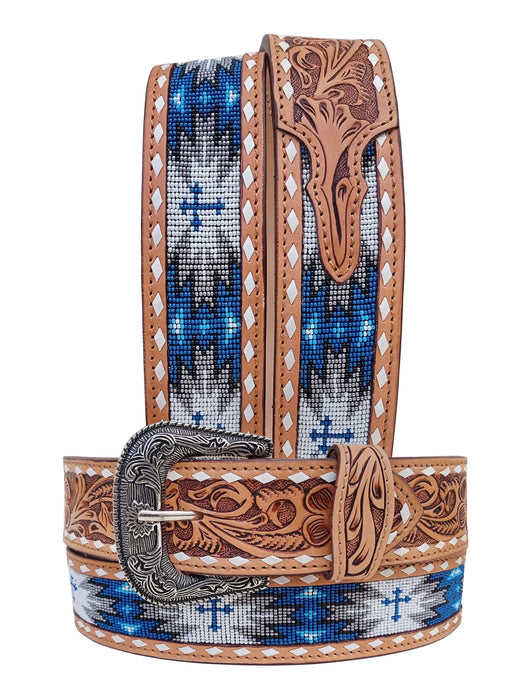 Western 2" Wide Basket Weave Tooled Beaded Full-Grain Leather Belt 26RSBeadedCrossU2