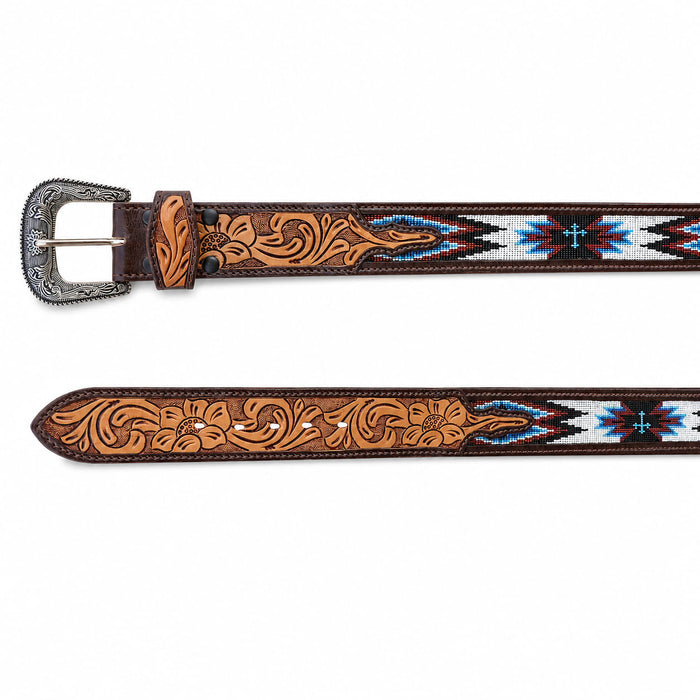 Western 2" Wide Basket Weave Tooled Beaded Full-Grain Leather Belt 26RSBeadedCrossU2