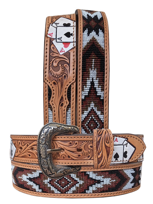 32"  Western 1-1/2" Wide Basket Weave Tooled Beaded Tan Leather Belt  26RS118