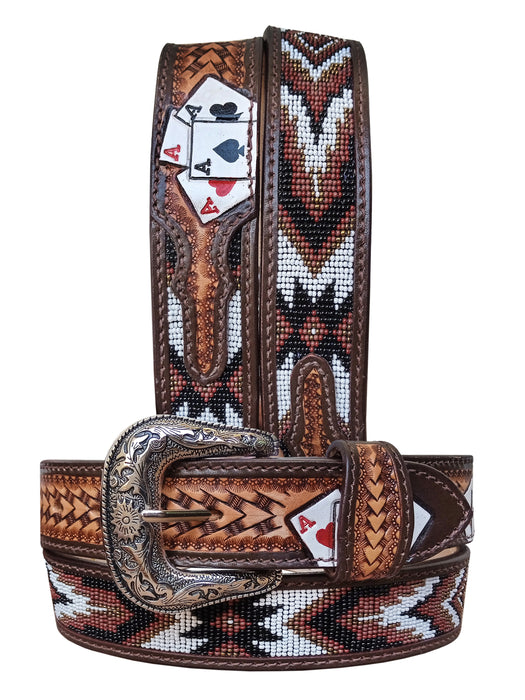 Men Women Western 1-1/2" Wide Antique Floral Tooled Beaded Full-Grain Leather Belt